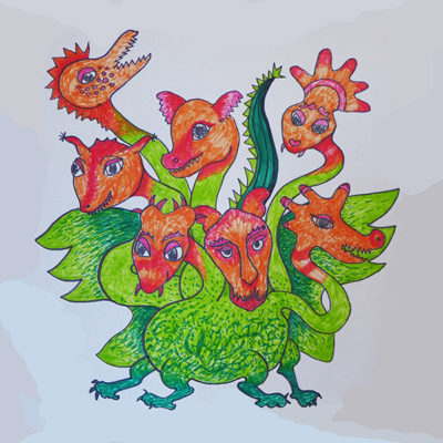 ilustracja przedstawiająca smoka siedmiogłowego
